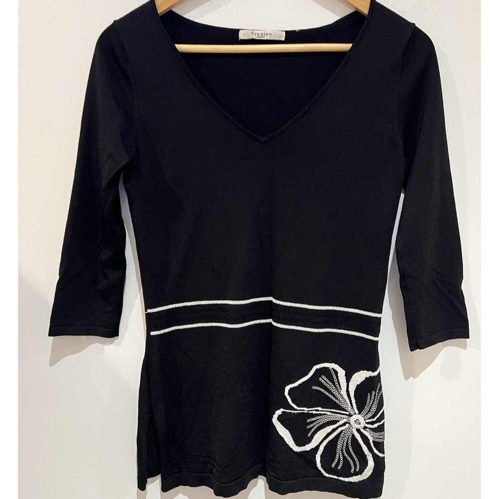 Vertigo Paris Womens Silk Blend Sweater Black Embroidered Floral 3/4 Sleeve Sz S